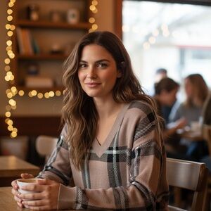 Max Studio Plaid V-Neck Sweater - Black and Tan